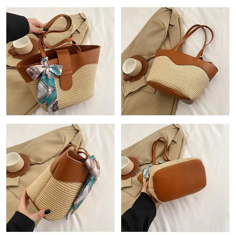 Beach Basket Tote Bag With Leather Handles-Showtown