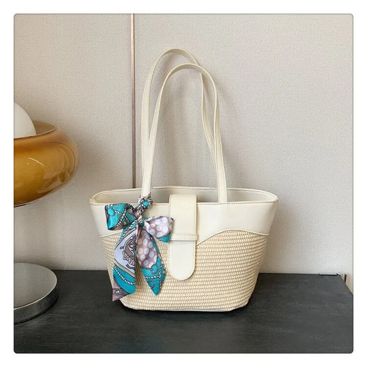 Beach Basket Tote Bag With Leather Handles-Showtown