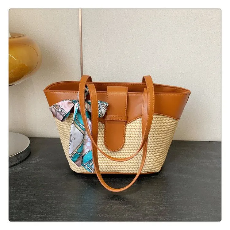 Beach Basket Tote Bag With Leather Handles-Showtown