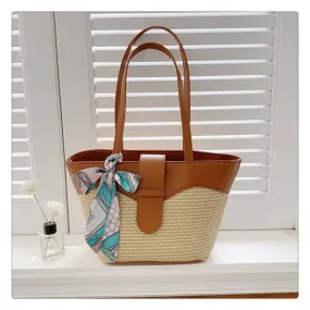 Beach Basket Tote Bag With Leather Handles-Showtown