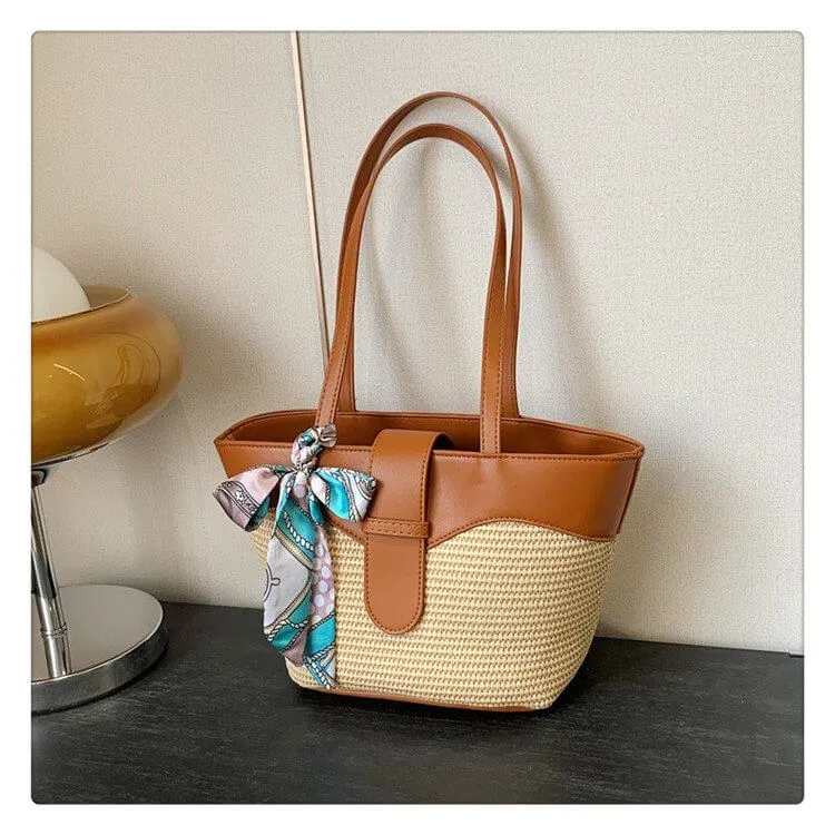 Beach Basket Tote Bag With Leather Handles-Showtown