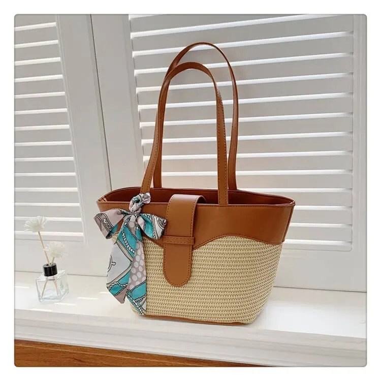 Beach Basket Tote Bag With Leather Handles-Showtown