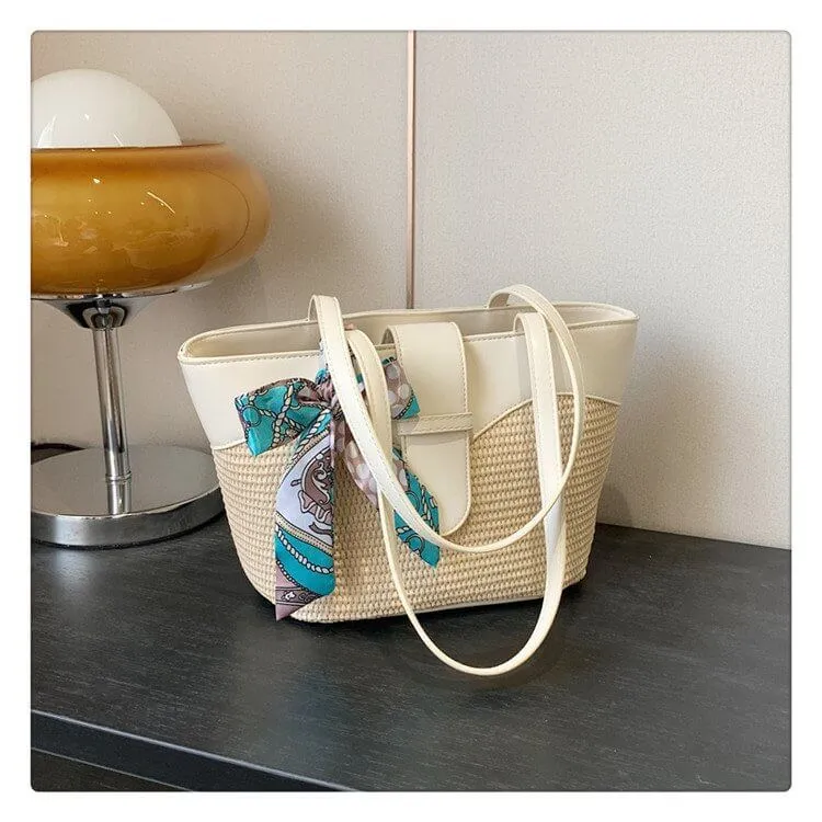 Beach Basket Tote Bag With Leather Handles-Showtown