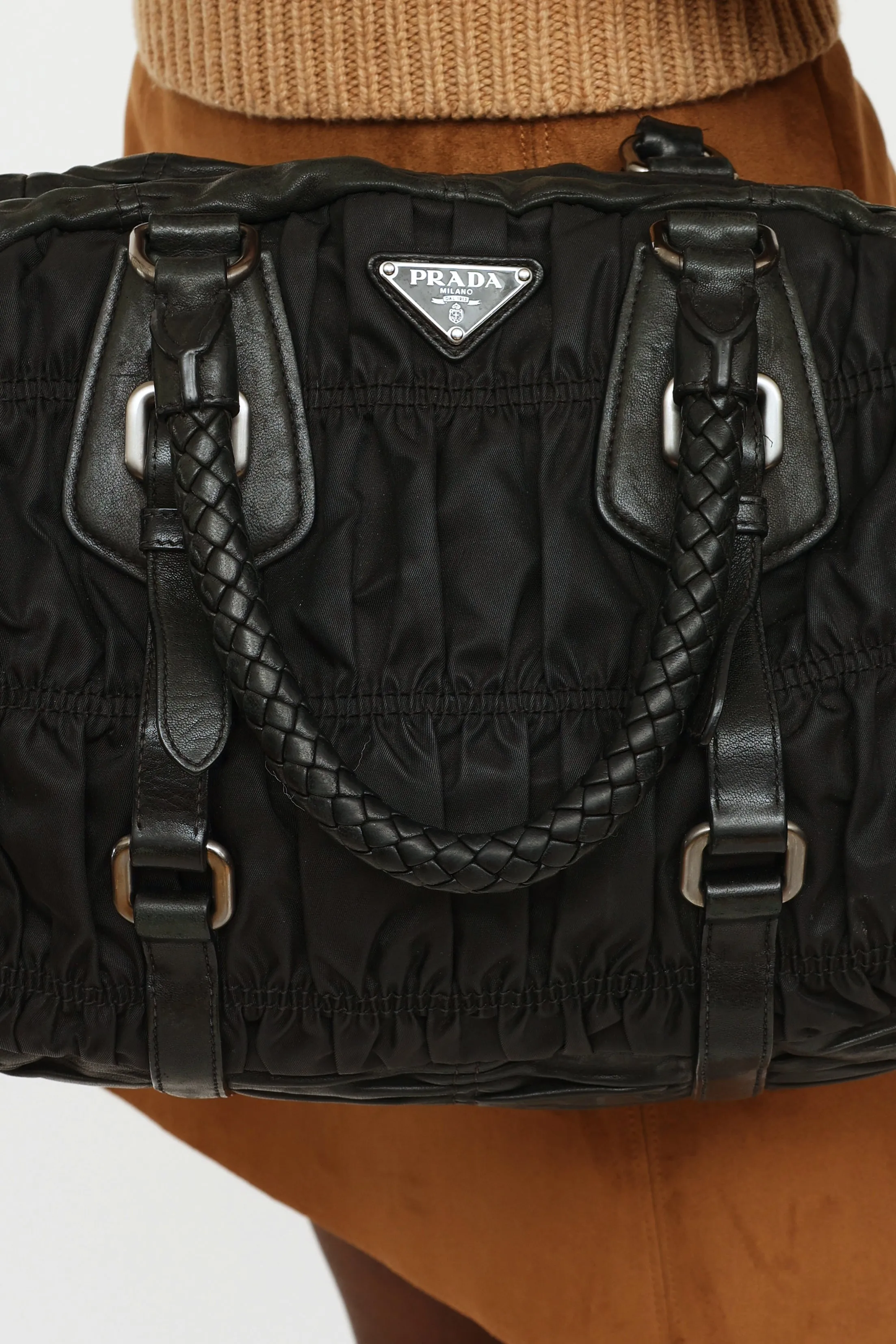 Black Gaufre Nylon & Leather Bag