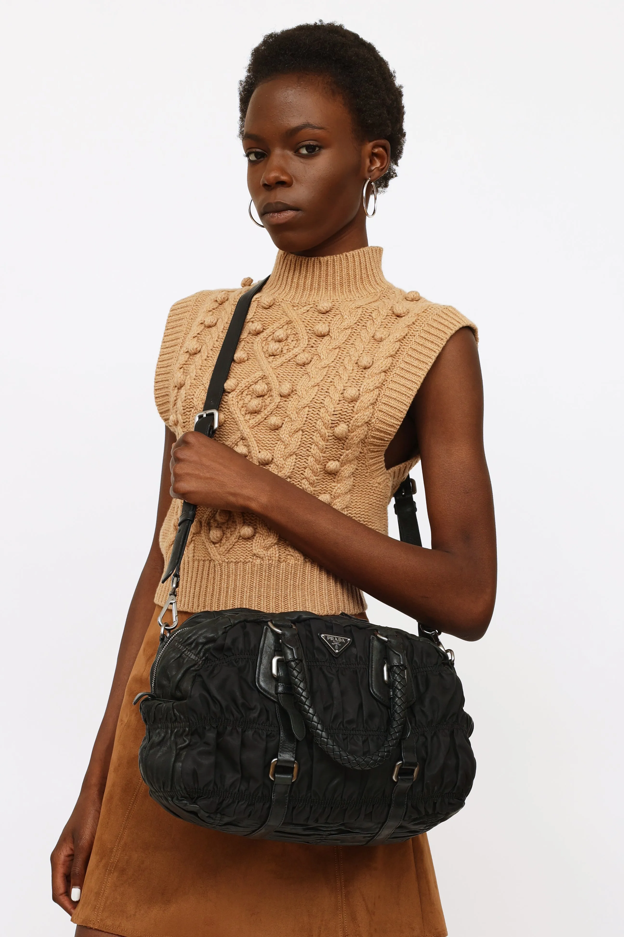 Black Gaufre Nylon & Leather Bag