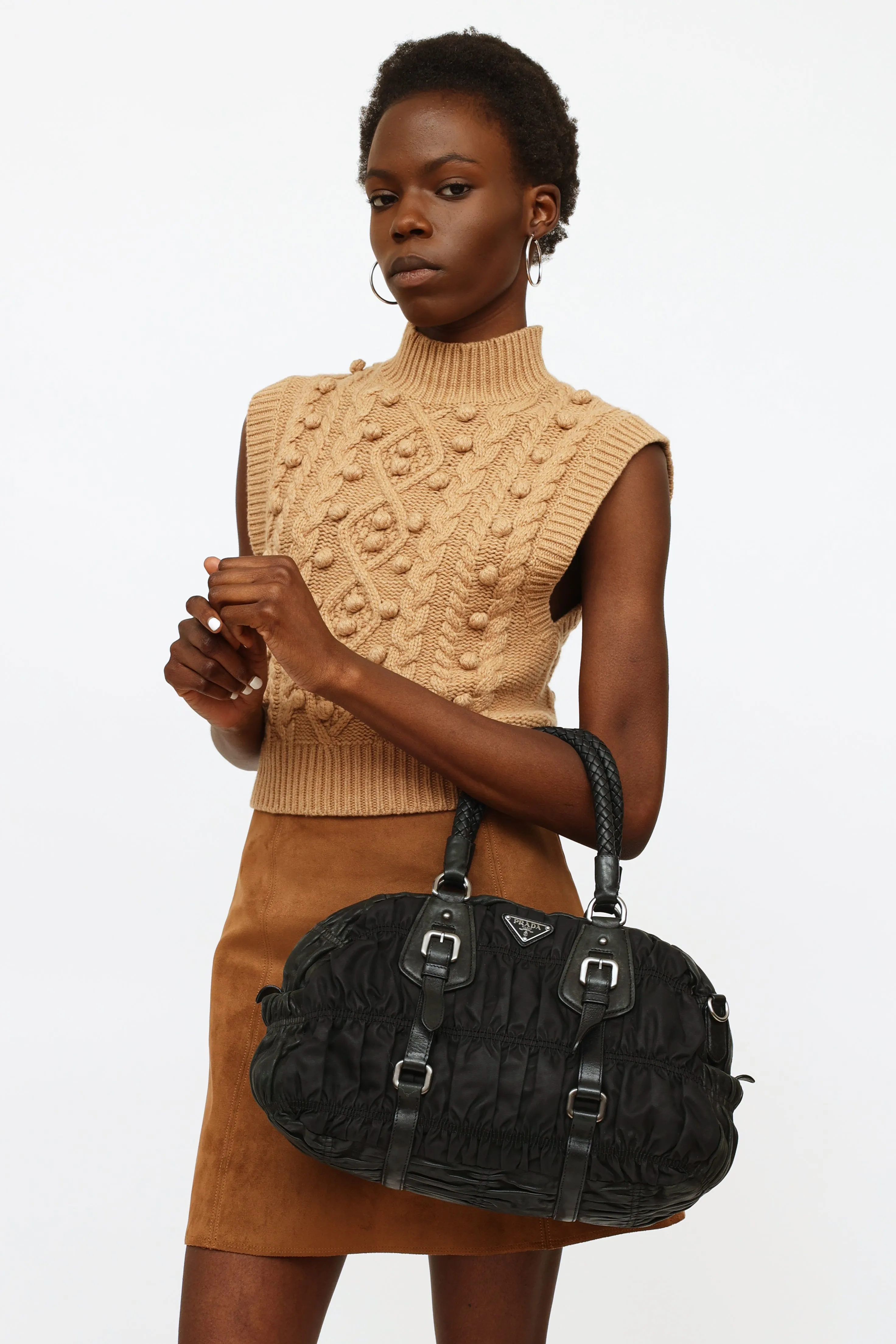 Black Gaufre Nylon & Leather Bag