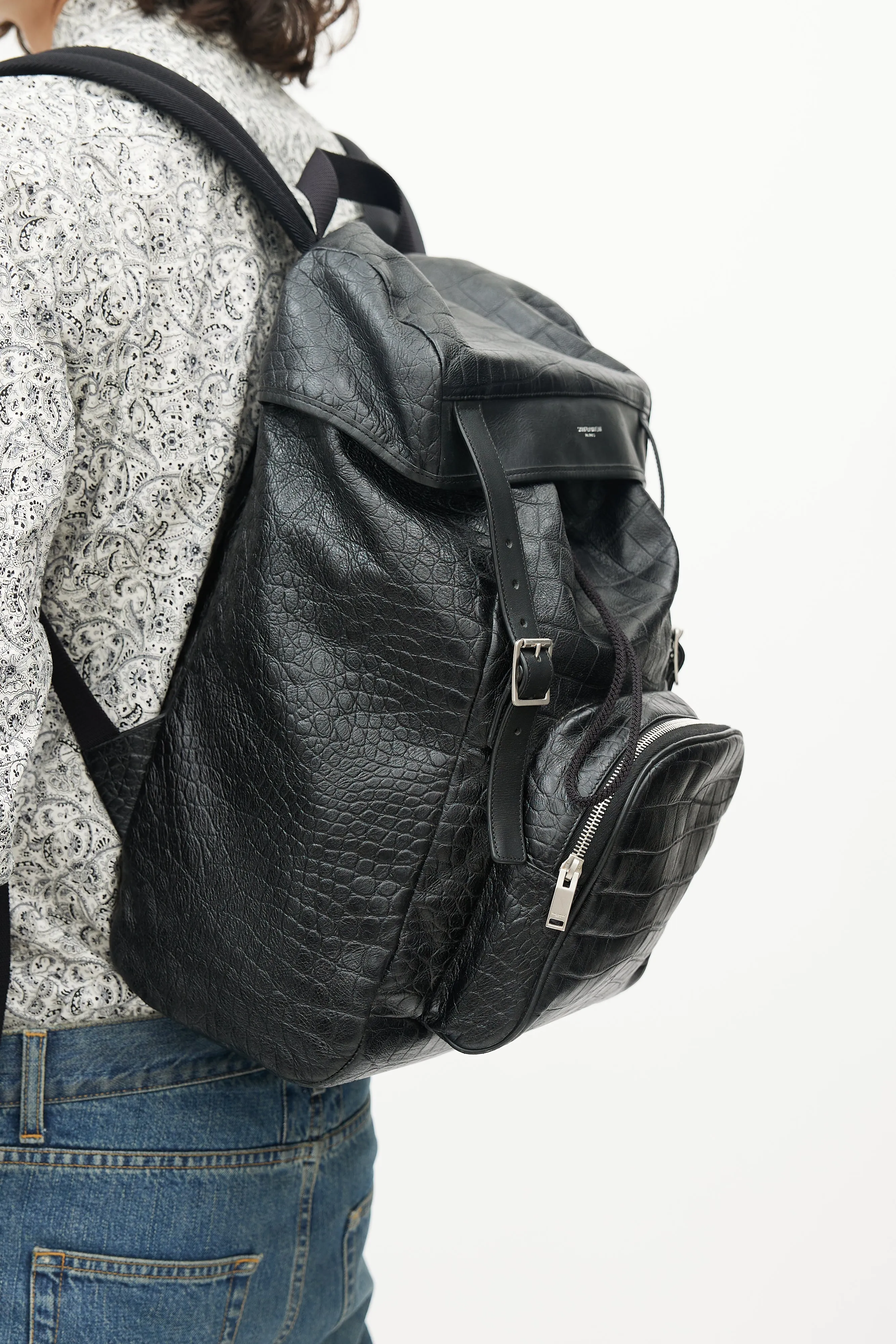 Black Leather Embossed Backpack