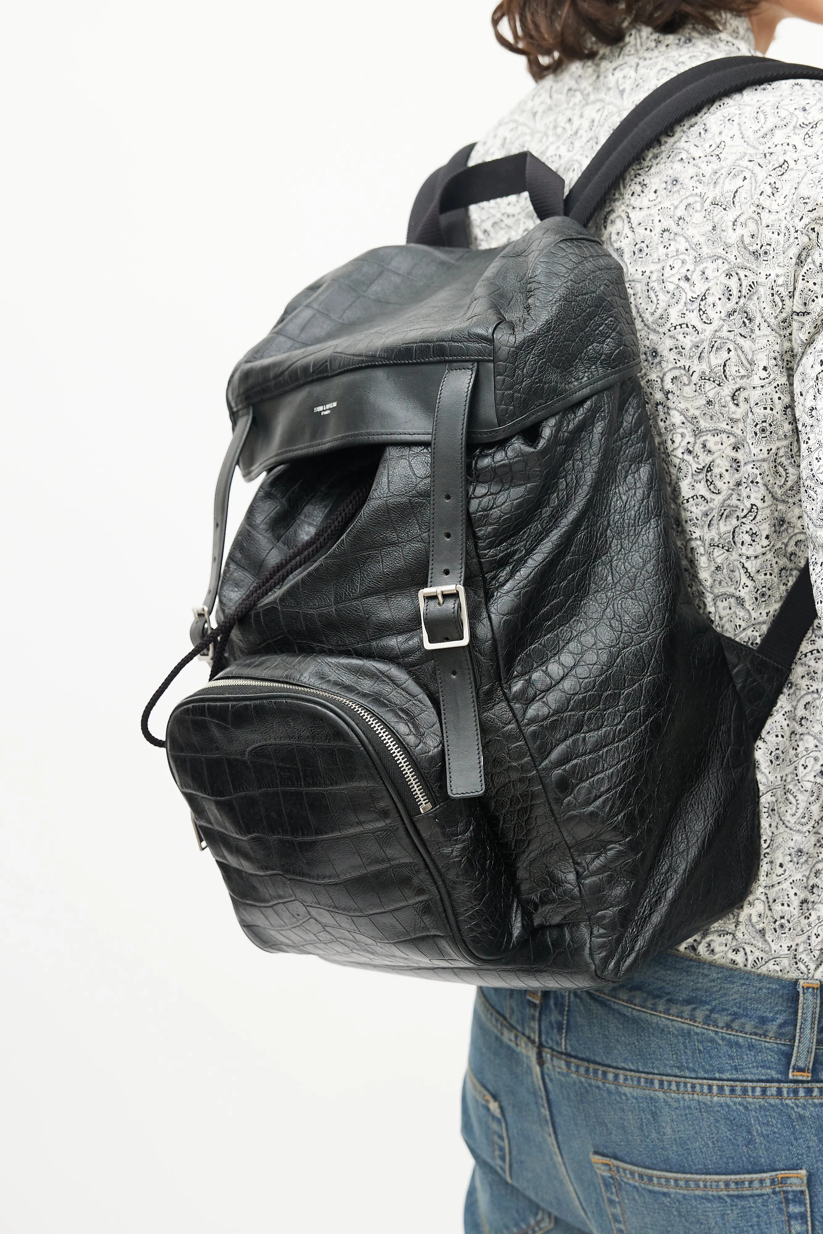 Black Leather Embossed Backpack