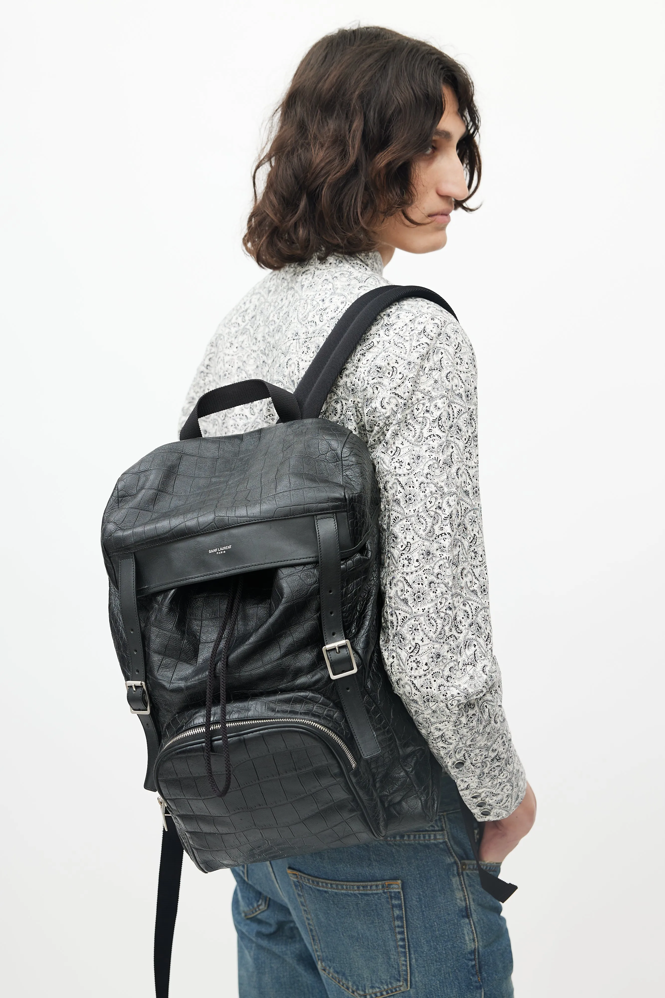 Black Leather Embossed Backpack