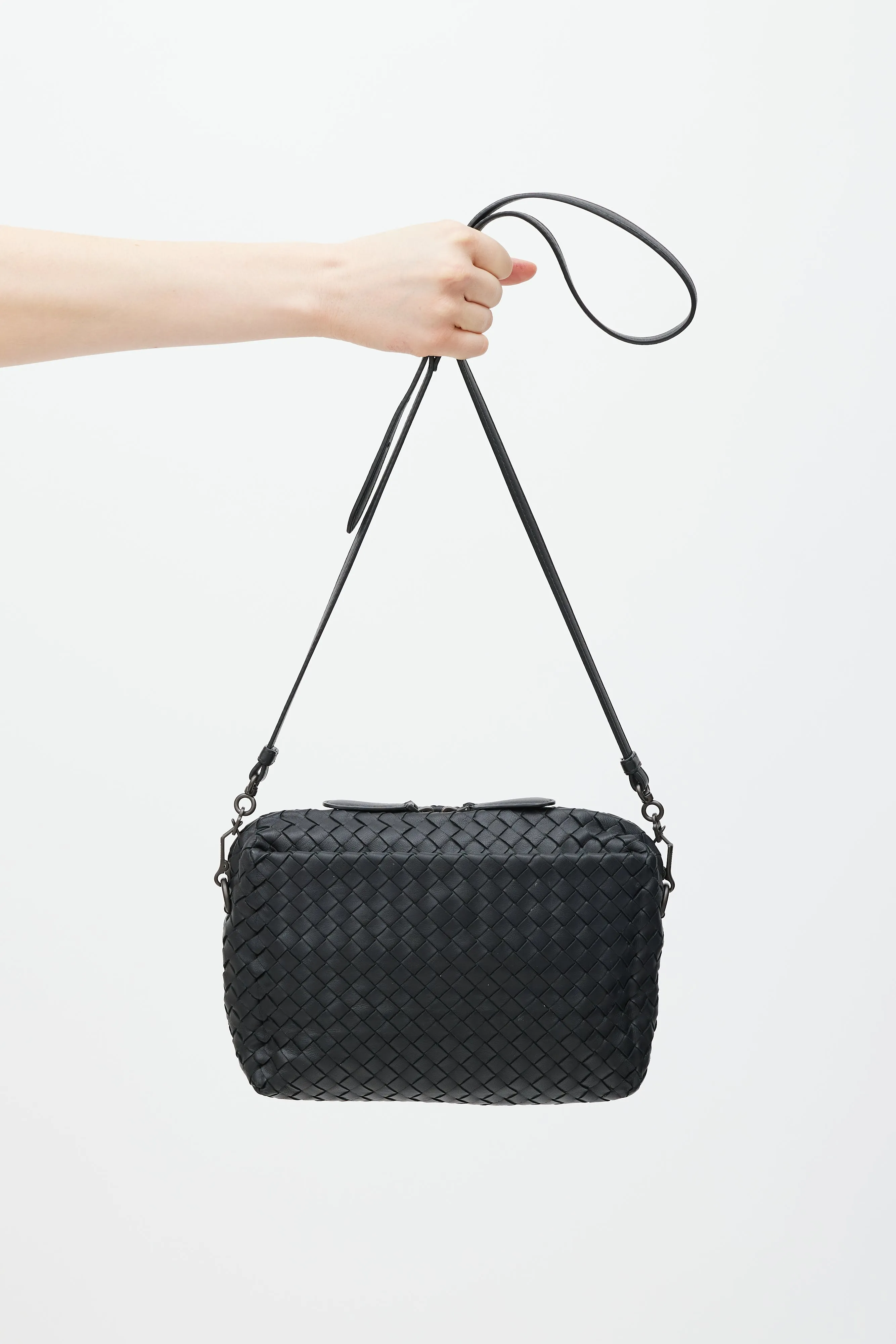Black Leather Intrecciato Crossbody Bag