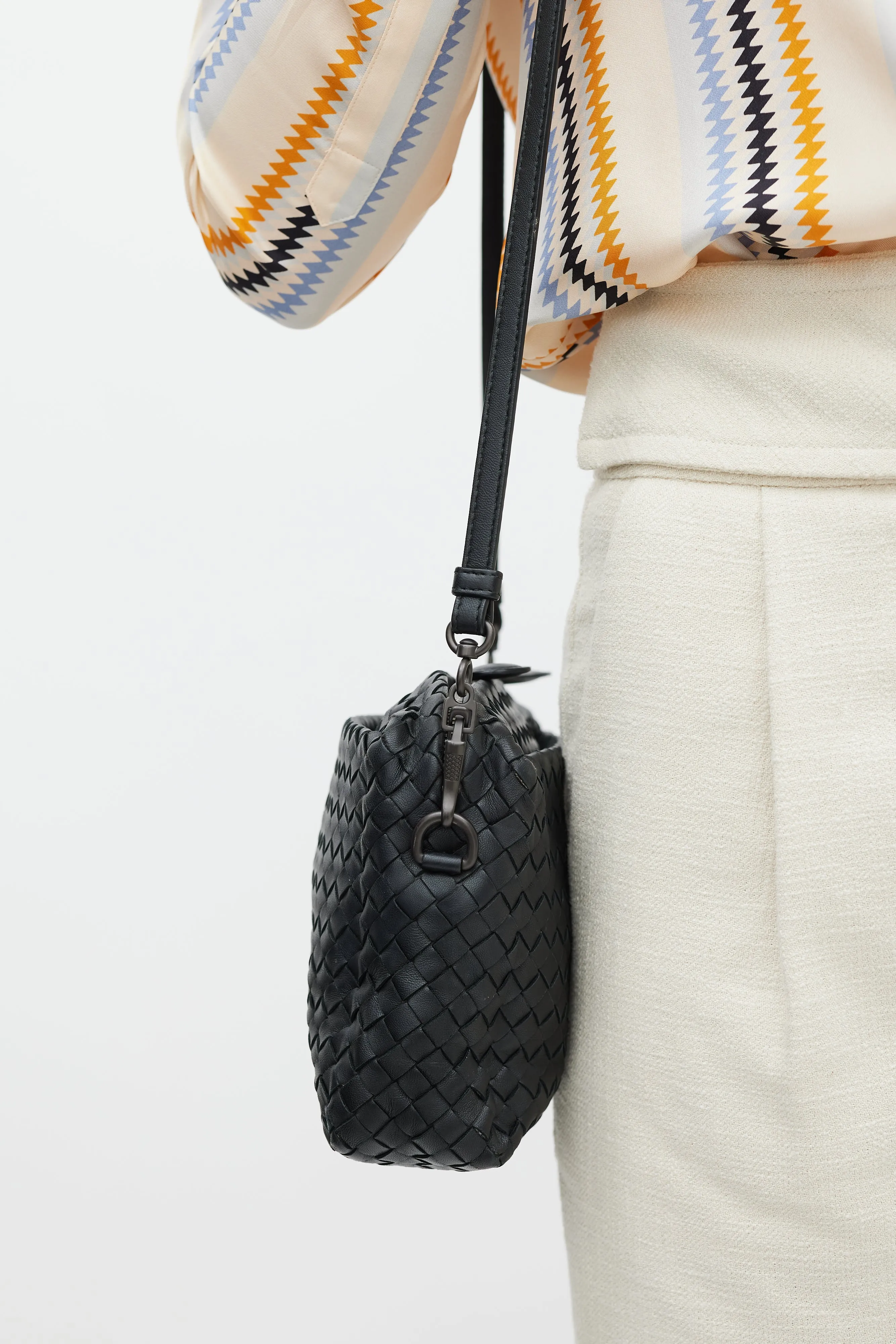 Black Leather Intrecciato Crossbody Bag