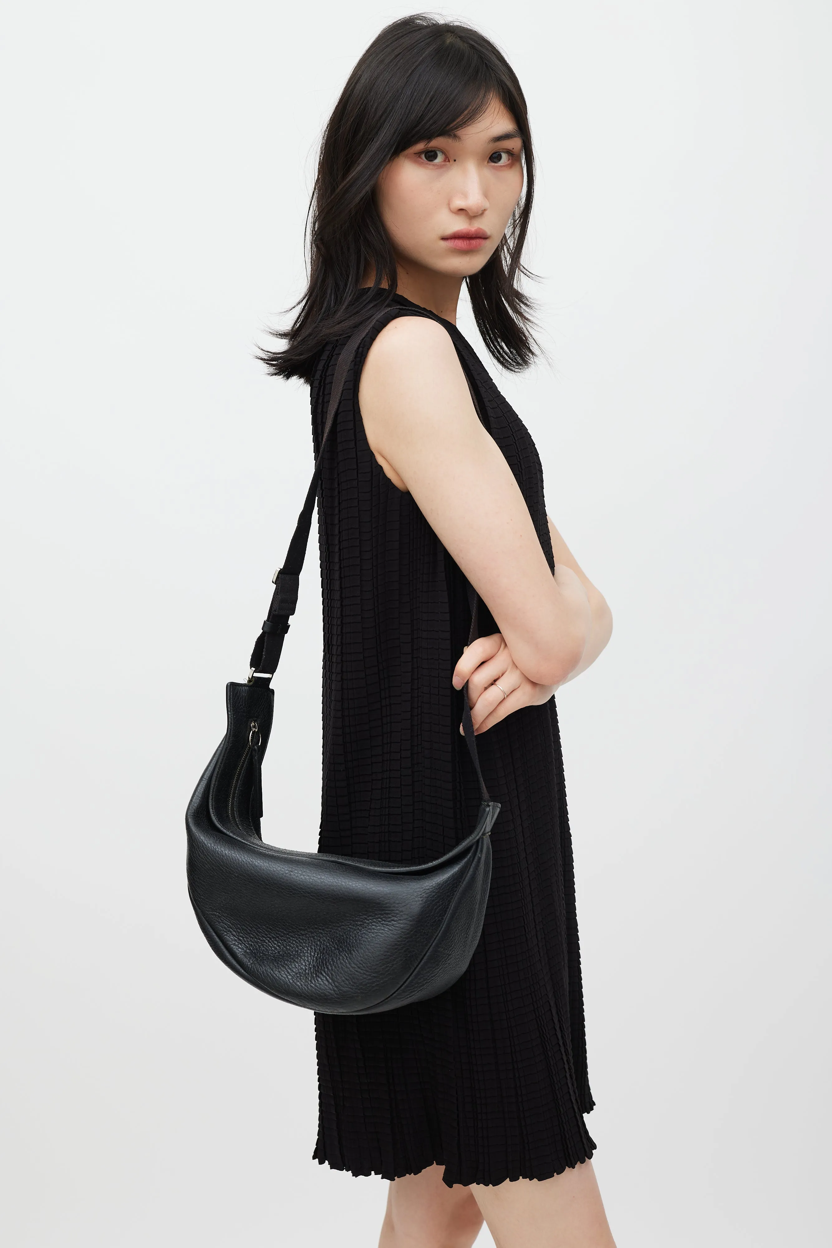 Black Leather Large Slouchy Banana Crossbody Bag