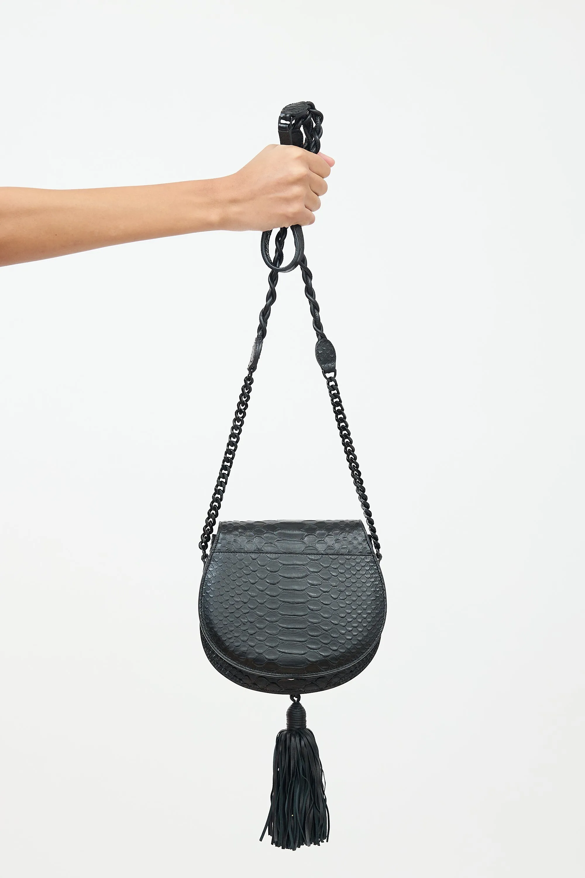 Black Leather Passementerie Chain Crossbody Bag