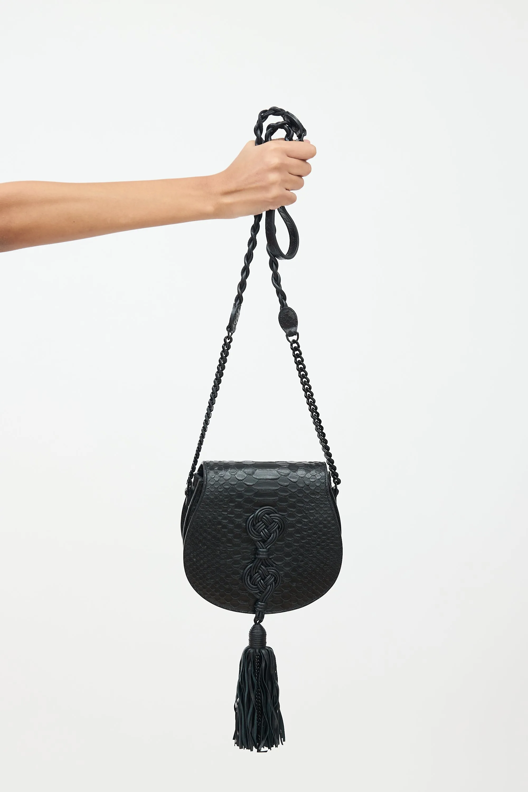 Black Leather Passementerie Chain Crossbody Bag