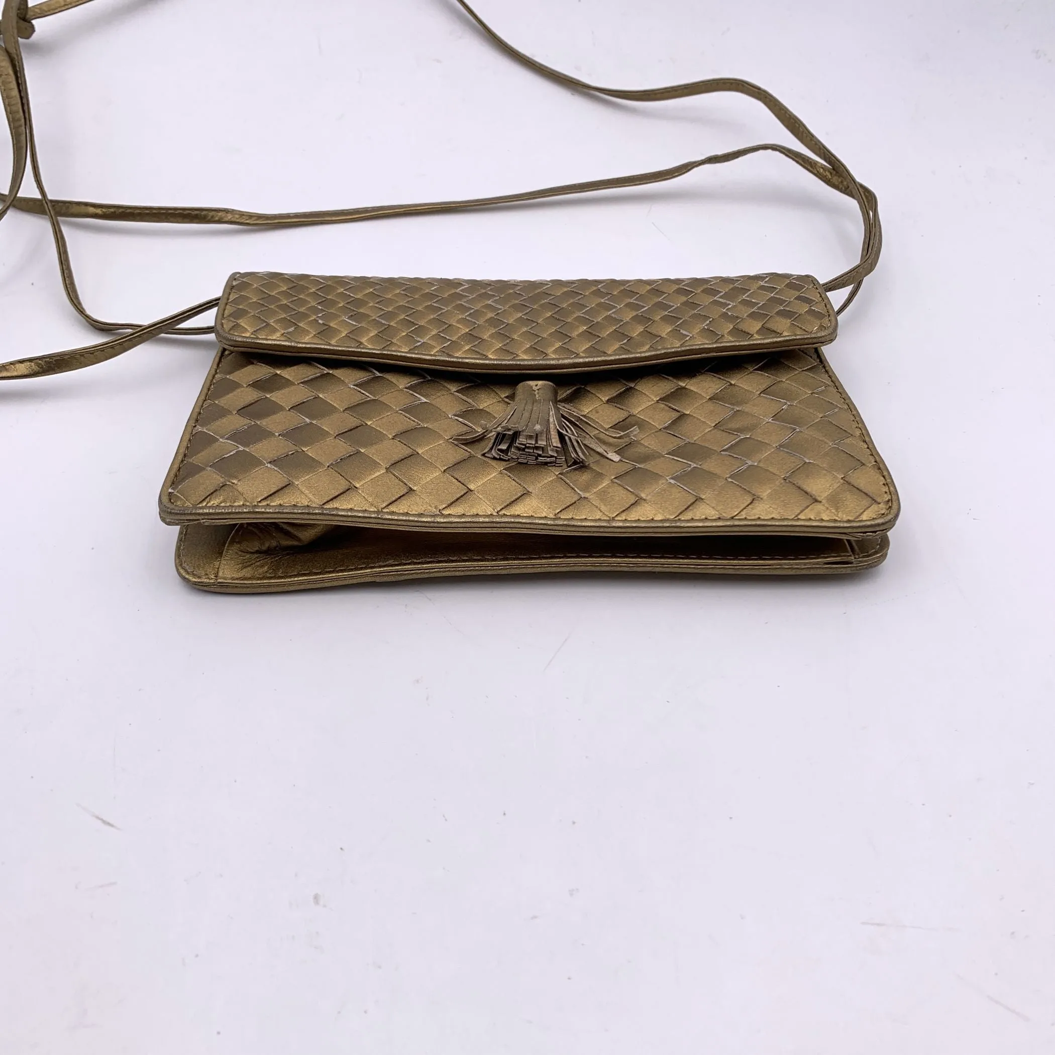 Bottega Veneta Gold Intrecciato Woven Small Tassel Crossbody Bag