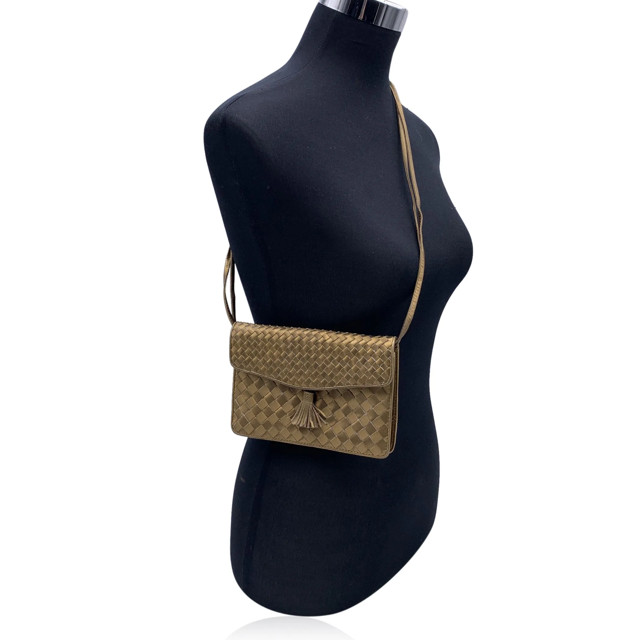Bottega Veneta Gold Intrecciato Woven Small Tassel Crossbody Bag