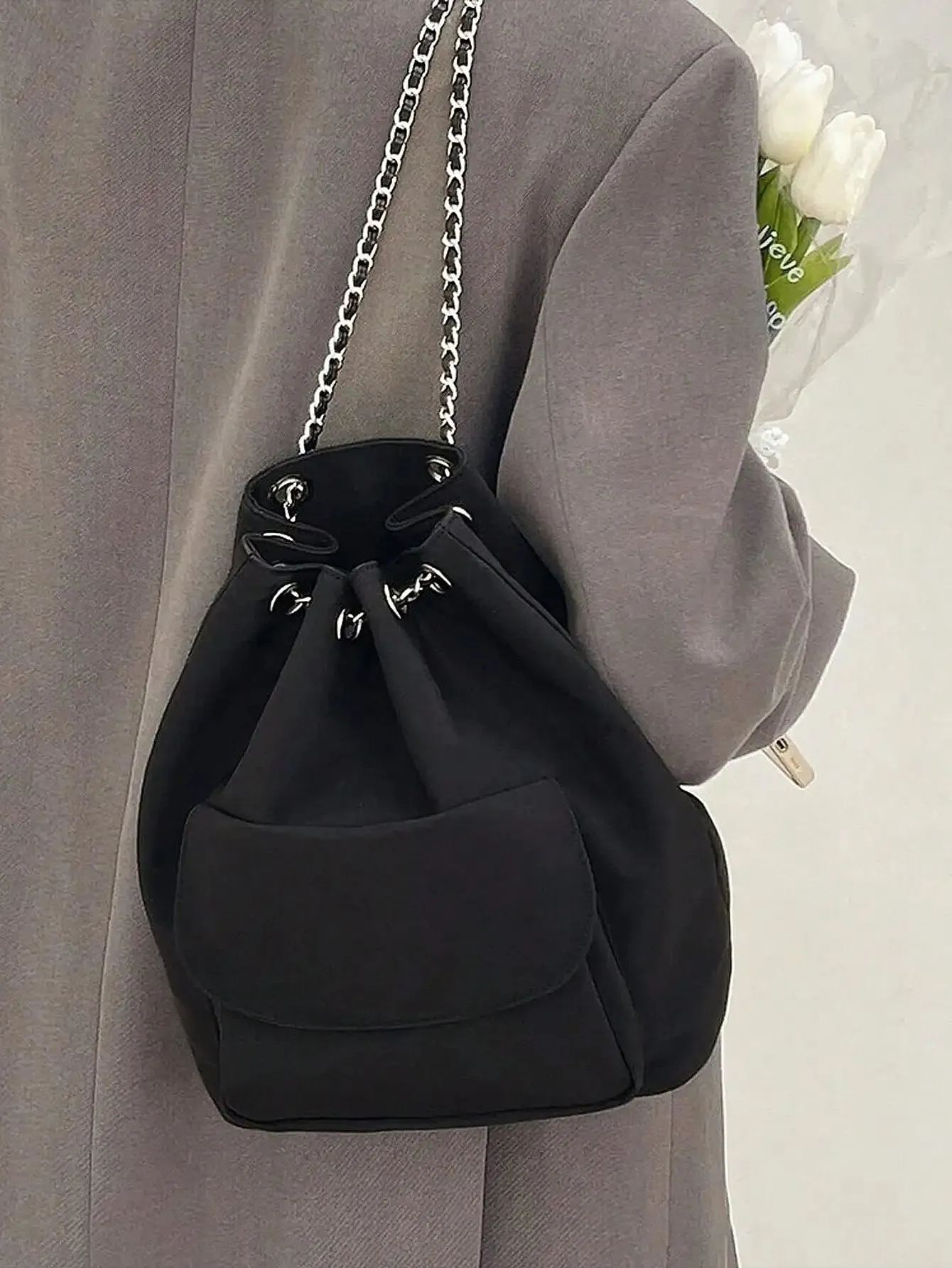 casual silk black chain bucket bag Korean version drawstring large capacity commuting backpack