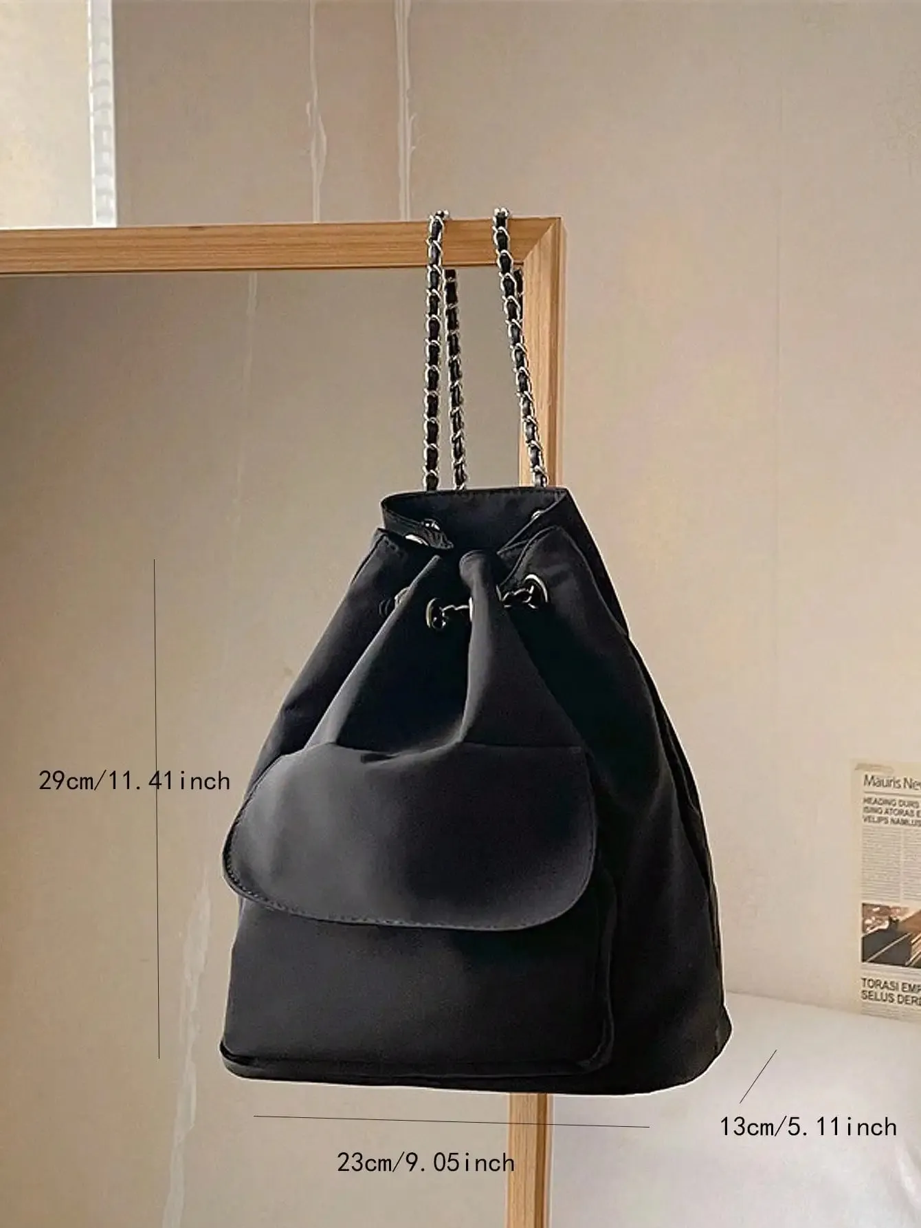 casual silk black chain bucket bag Korean version drawstring large capacity commuting backpack