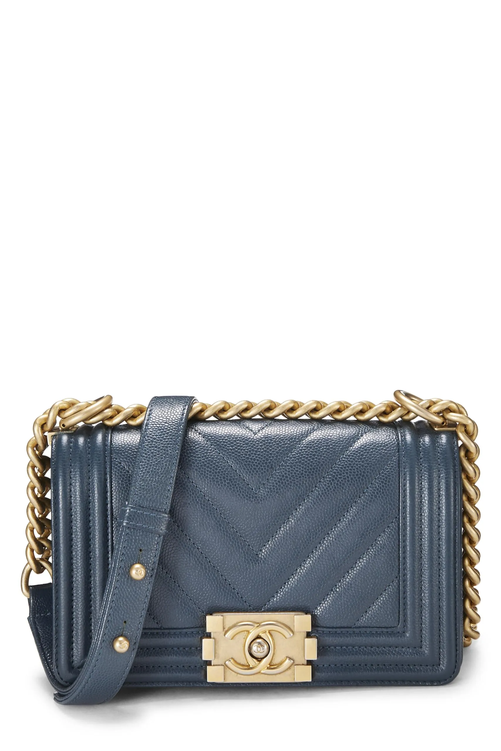 Chanel,  Blue Chevron Caviar Boy Bag Small, Blue