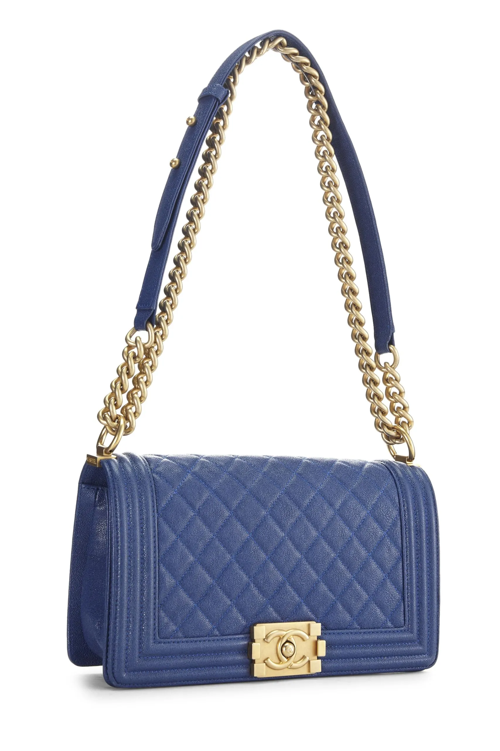 Chanel,  Blue Quilted Caviar Boy Bag Medium, Blue
