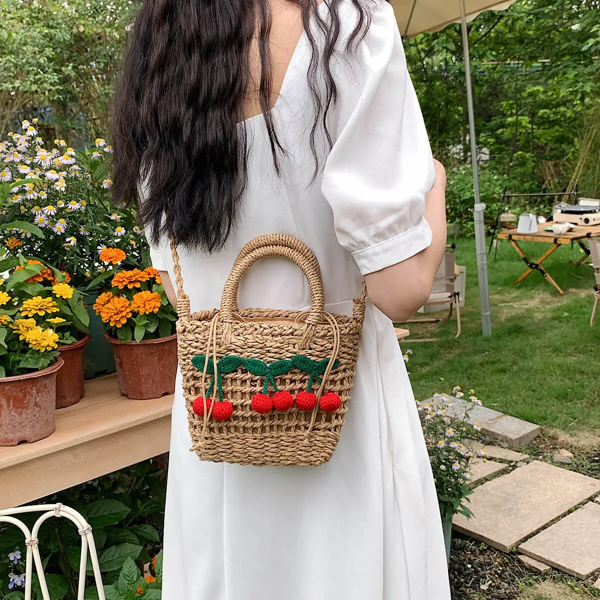 Cherry Decor 2023 Designer Sling Straw Beach Bag-Showtown