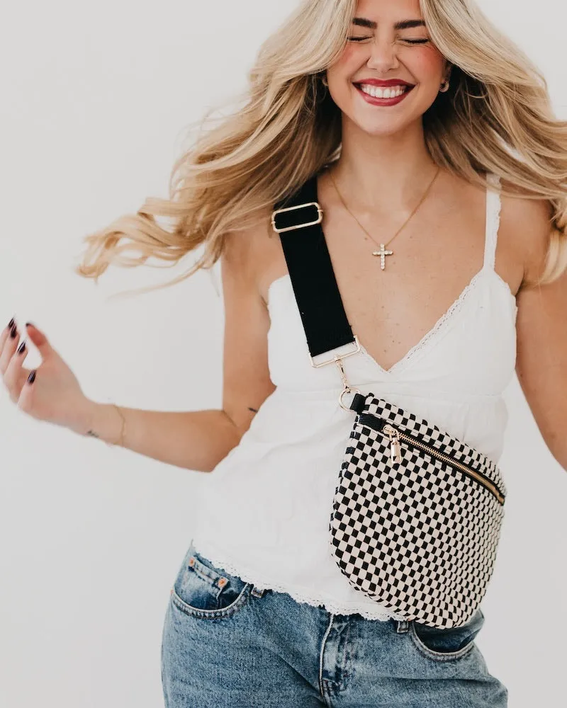 Cream & Black Checkered Woven Leather Crossbody / Bum Bag