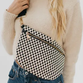Cream & Black Checkered Woven Leather Crossbody / Bum Bag