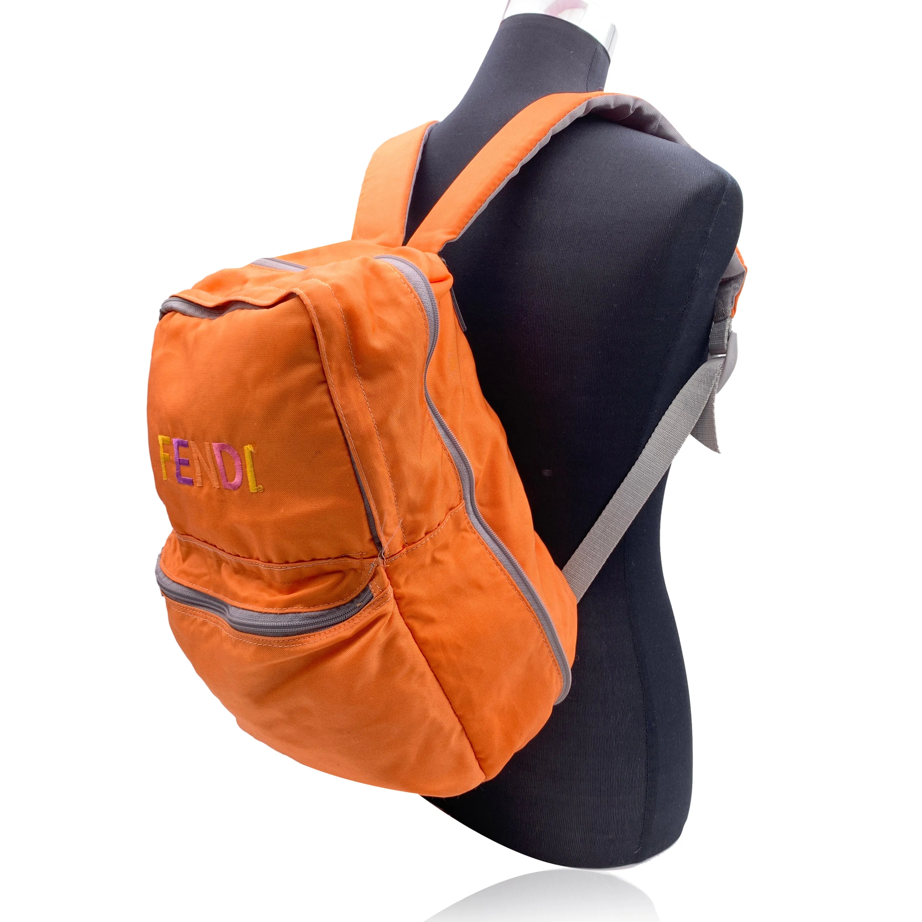 Fendi Cartoleria Vintage Orange Canvas Embroidered Backpack Bag