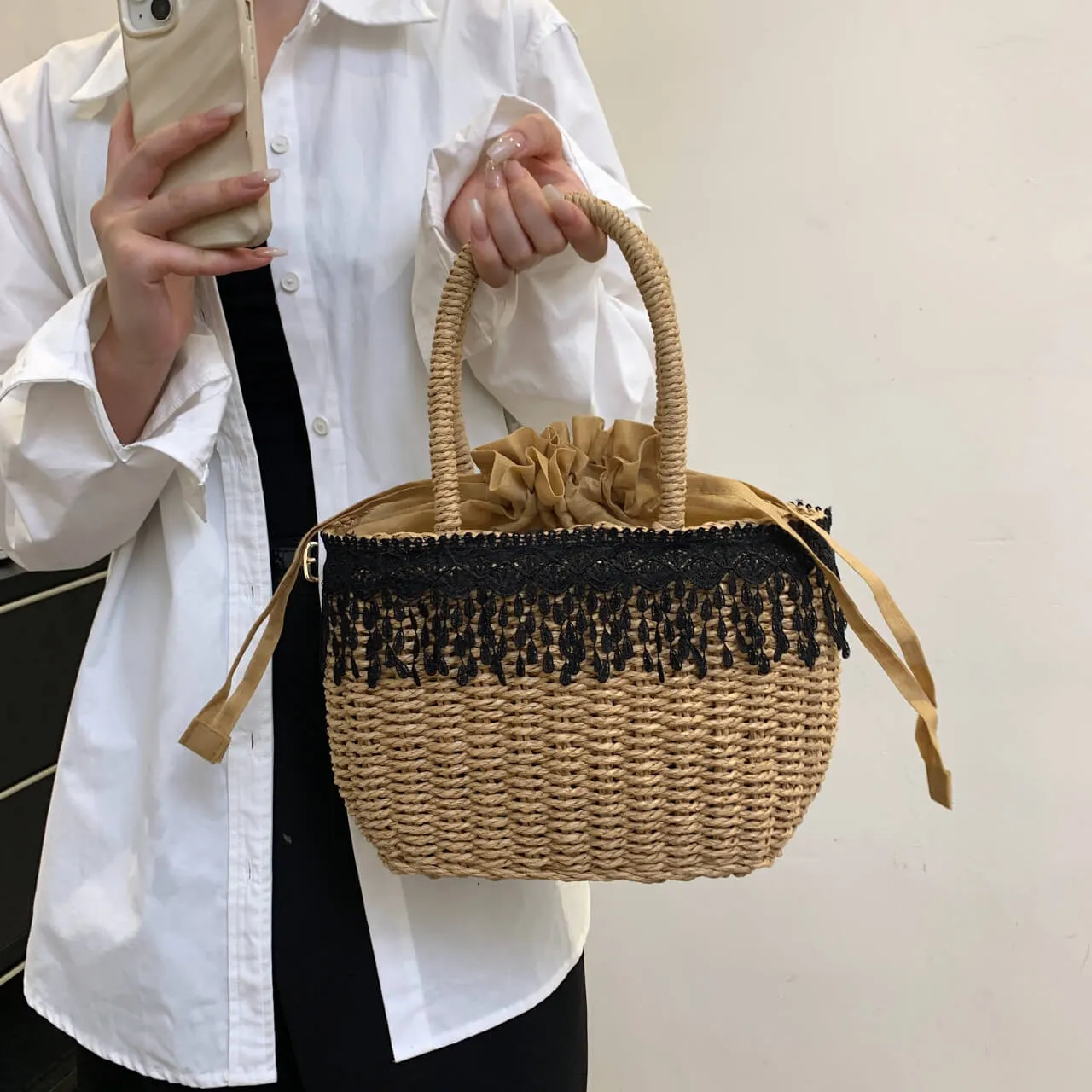 Handmade Straw Basket Beach Bag-Showtown