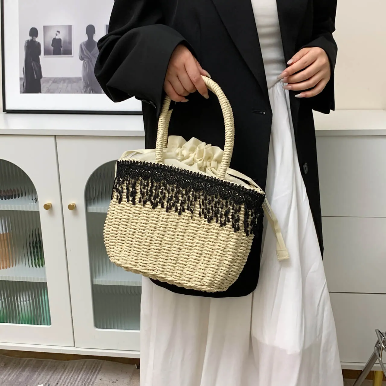 Handmade Straw Basket Beach Bag-Showtown