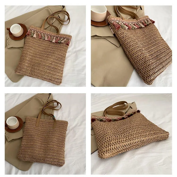 Large Shoulder Straw Bag with Tassels- Showtown