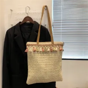 Large Shoulder Straw Bag with Tassels- Showtown
