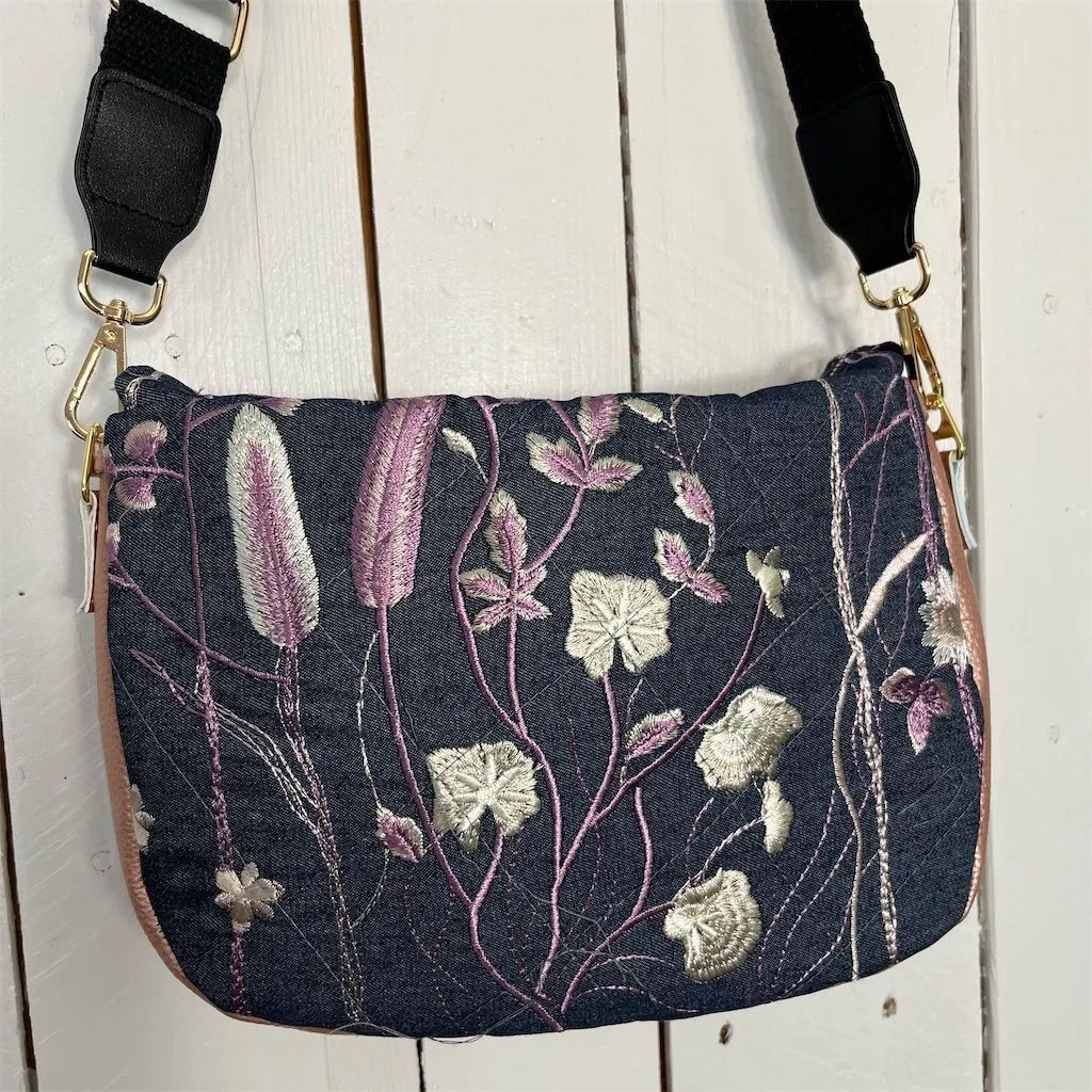 Lidia’s Bags Women's Pink Floral Embroidered Denim Crossbody Bag