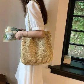 Natural Soft Straw Tote Bag With Zip -Showtown