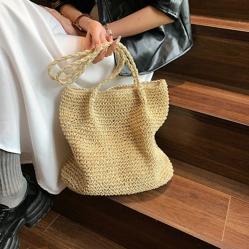 Natural Soft Straw Tote Bag With Zip -Showtown