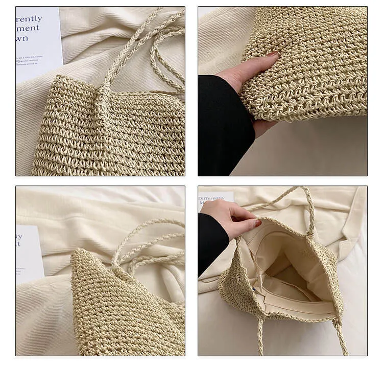 Natural Soft Straw Tote Bag With Zip -Showtown