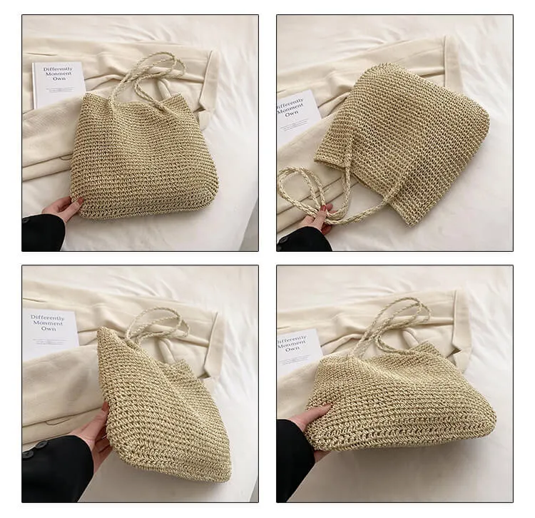 Natural Soft Straw Tote Bag With Zip -Showtown