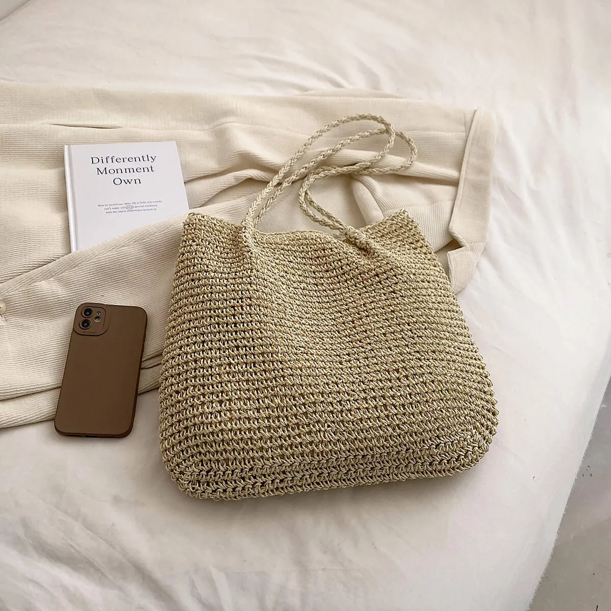 Natural Soft Straw Tote Bag With Zip -Showtown