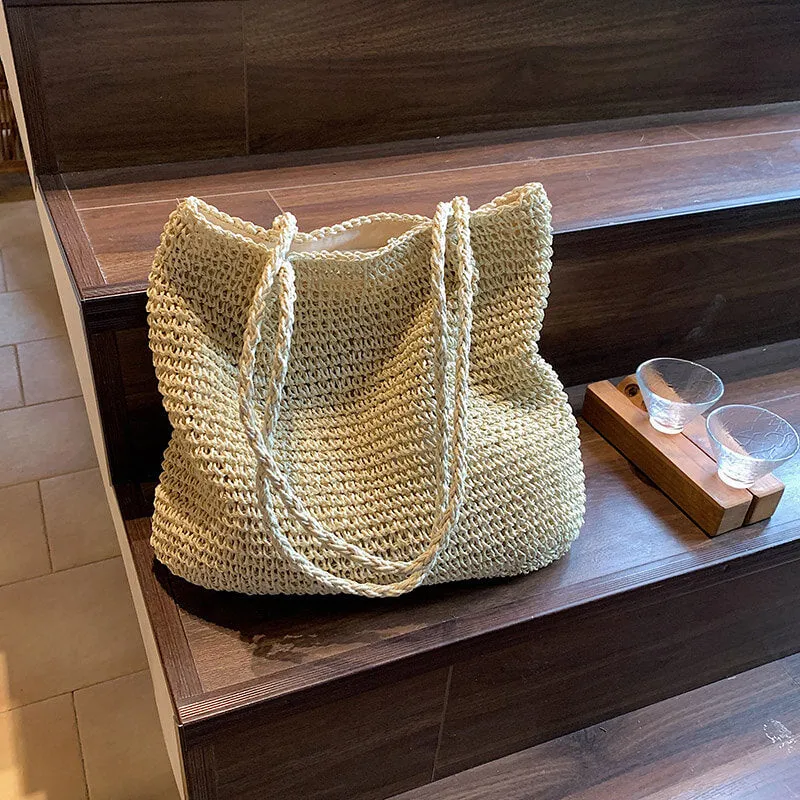 Natural Soft Straw Tote Bag With Zip -Showtown