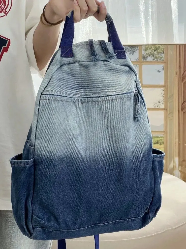 New Niche Korean Version Gradient Washed Denim Backpack Versatile Casual Portable Student Backpacks
