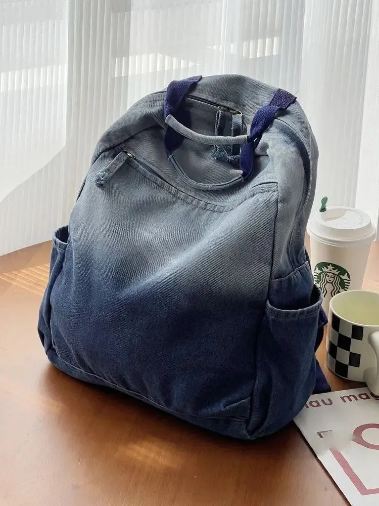 New Niche Korean Version Gradient Washed Denim Backpack Versatile Casual Portable Student Backpacks