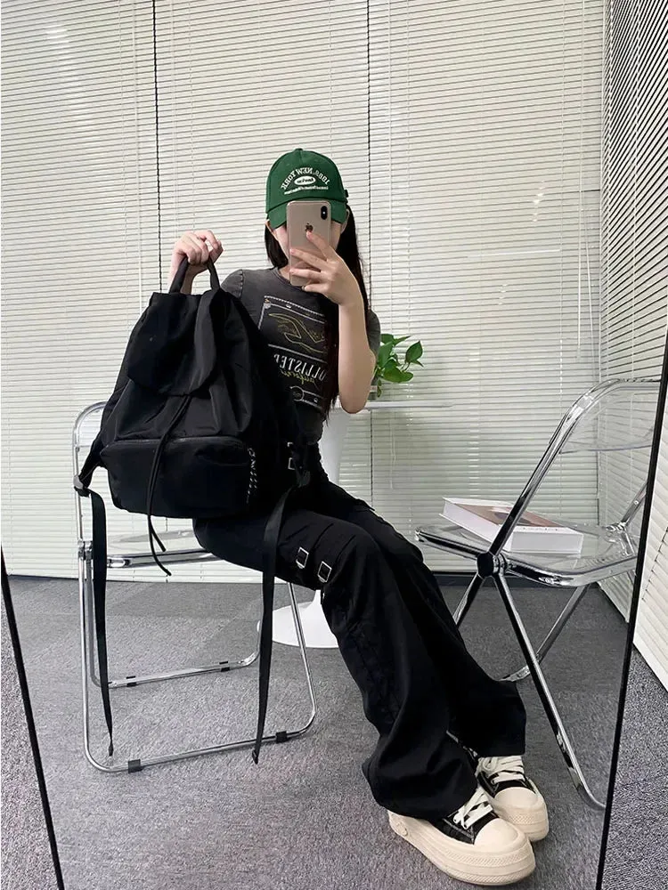 Sohiwoo Women's Large Capacity Backpacks Japanese Harajuku Literature Art Girl Drawstring Oxford Retro Black backpack Student Book Bag
