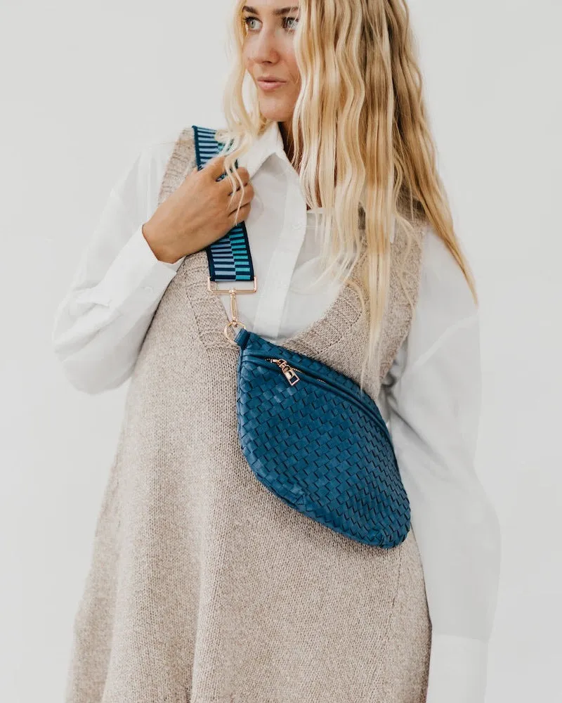 Steel Blue Woven Faux Leather Crossbody / Bum Bag