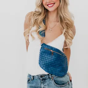 Steel Blue Woven Faux Leather Crossbody / Bum Bag