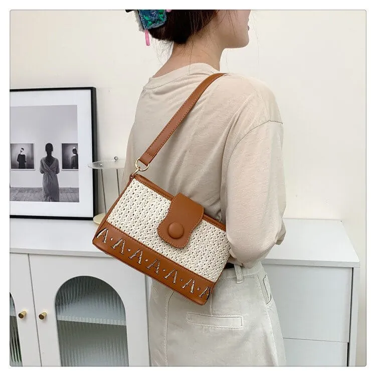 Straw and Leather Crossbody Tote Bag with Leather Strap-Showtown