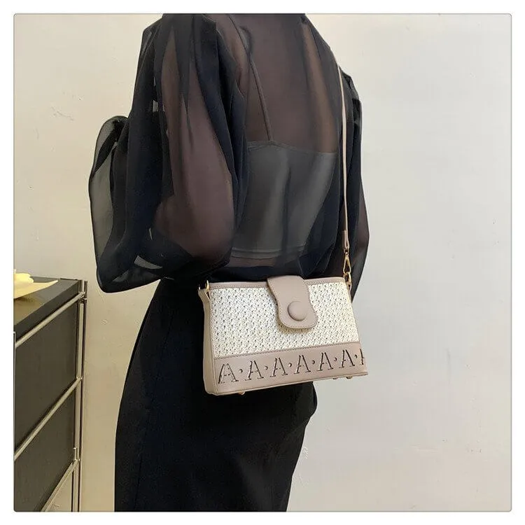 Straw and Leather Crossbody Tote Bag with Leather Strap-Showtown