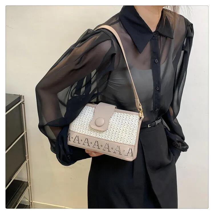 Straw and Leather Crossbody Tote Bag with Leather Strap-Showtown