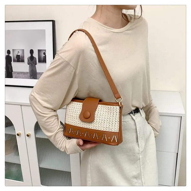 Straw and Leather Crossbody Tote Bag with Leather Strap-Showtown