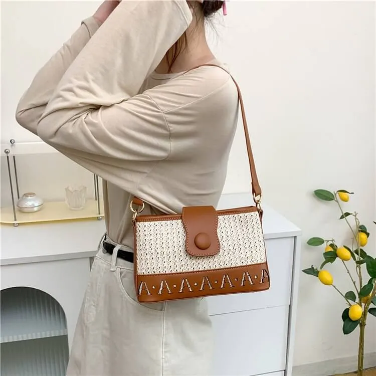 Straw and Leather Crossbody Tote Bag with Leather Strap-Showtown