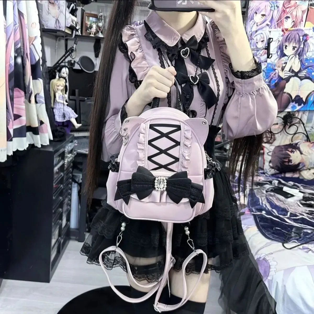 Uakiss Cute Womens Backpack Small Sweet Bow Lace Elegant Fashion Aesthetic Backpacks Casual Lolita Jk College Style Female Bag